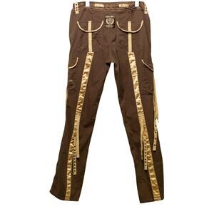 PEPE Jeans London VTG Y2K Utility Strappy Cargo Flare Pants Brown Gold Sz 32